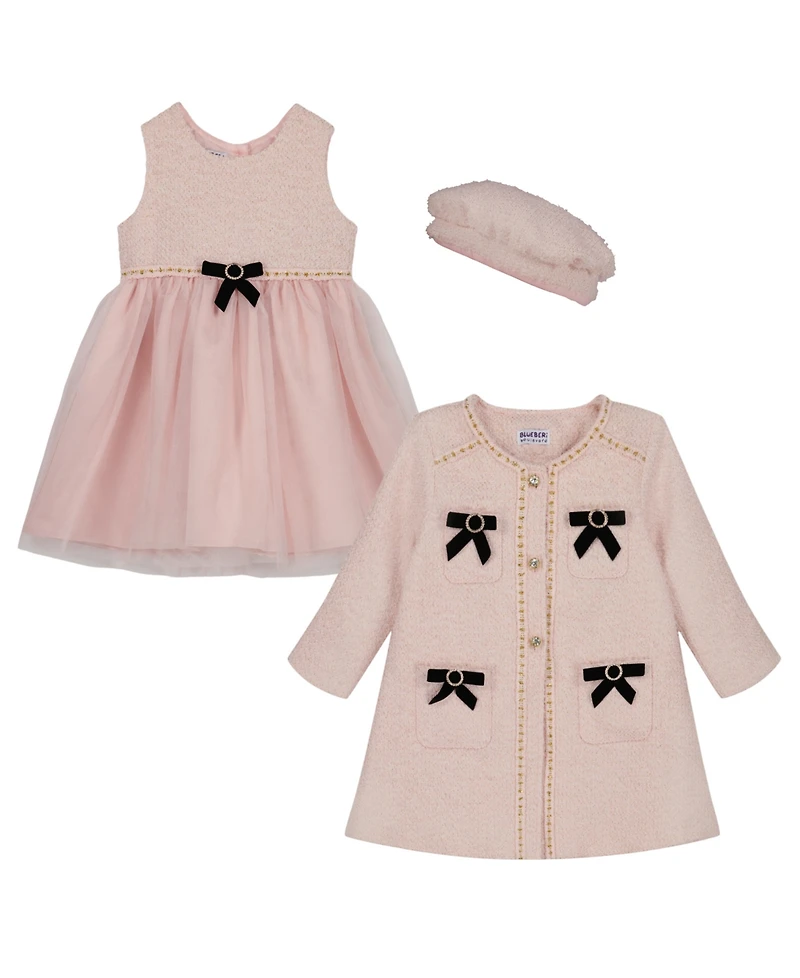 Blueberi Boulevard Girls 2T-6X 3-Piece Bows Knit Dress, Coat and Hat Set