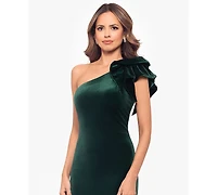 Betsy & Adam Women's Asymmetric Ruffled Sleeveless Velvet Gown