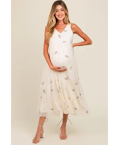 Pinkblush Maternity Lavender Ditsy Floral Embroidered V Neck Tiered Dress