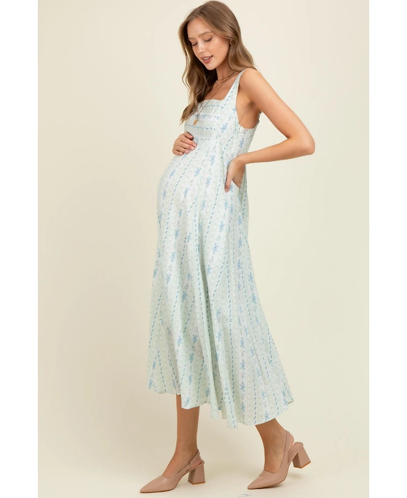 Pinkblush Maternity Light Blue Cotton Floral Square Neck Sleeveless Maxi Dress