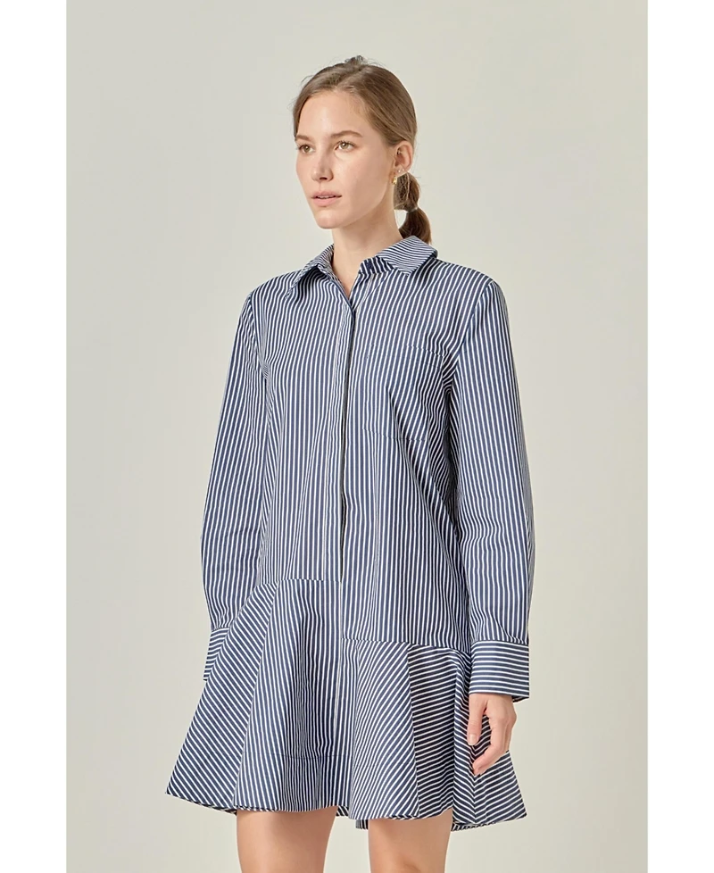 English Factory Women's Stripe Collar Flared Skirt Dress