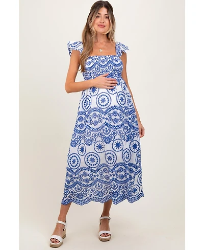 Pinkblush Maternity Light Navy Embroidered Smocked Cutout Midi Dress