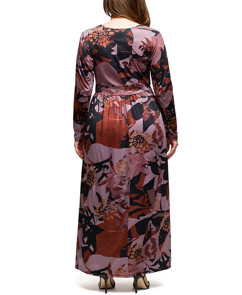 24seven Comfort Apparel Plus Gray Floral Print Long Sleeve Wrap Maxi Dress