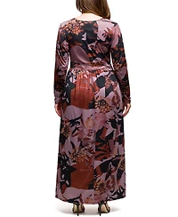 24seven Comfort Apparel Plus Gray Floral Print Long Sleeve Wrap Maxi Dress
