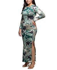 24seven Comfort Apparel Plus Green Paisley Print Long Sleeve Side Slit Maxi Dress