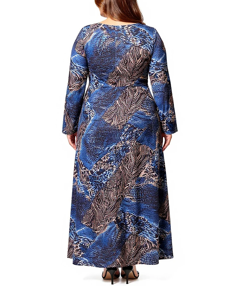 24seven Comfort Apparel Plus Animal Print Long Sleeve Maxi Dress