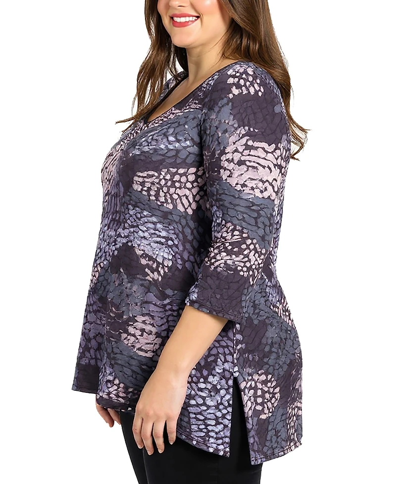 24seven Comfort Apparel Plus Gray Abstract Print V Neck Tunic Top