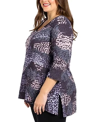 24seven Comfort Apparel Plus Gray Abstract Print V Neck Tunic Top