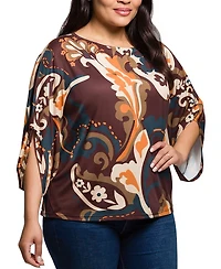 24seven Comfort Apparel Plus Brown Paisley Print Dolman Sleeve Top