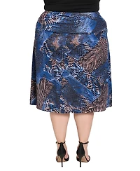 24seven Comfort Apparel Plus Blue Animal Print Midi Skirts