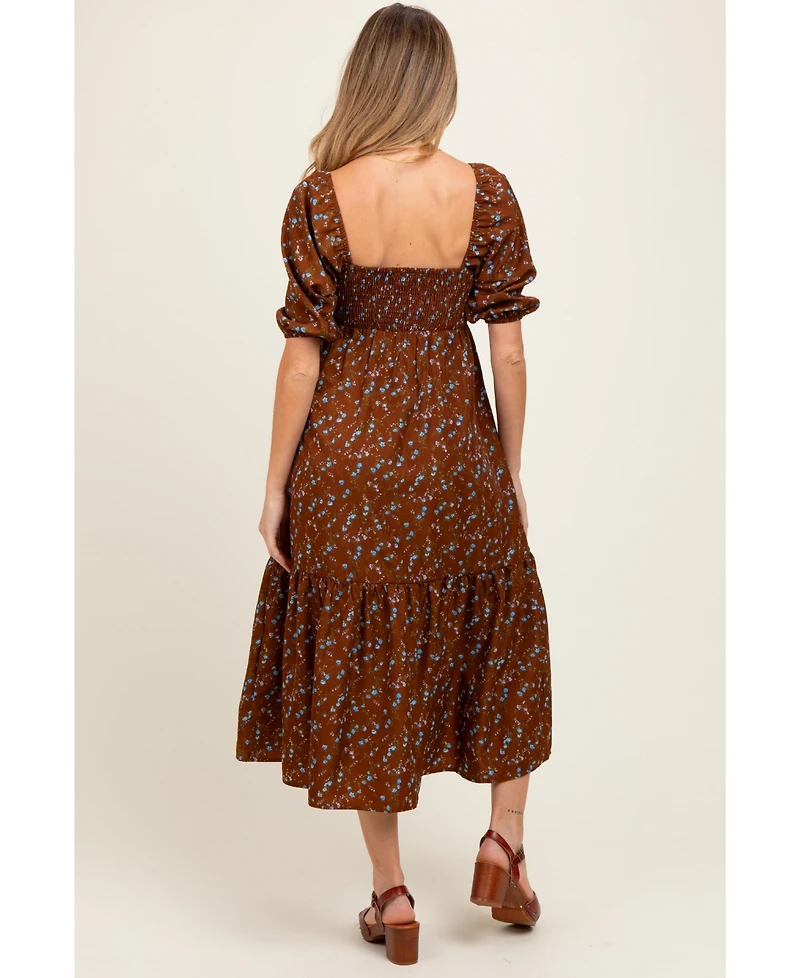 Pinkblush Maternity Mocha Floral Sweetheart Puff Sleeve Midi Dress