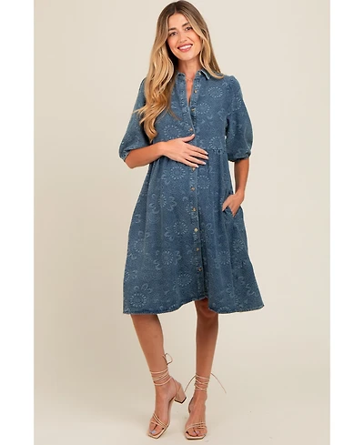Pinkblush Maternity Blue Denim Button Front Short Puff Sleeve Dress