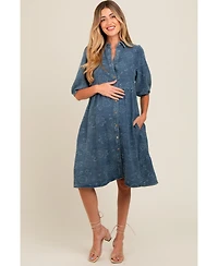 Pinkblush Maternity Blue Denim Button Front Short Puff Sleeve Dress