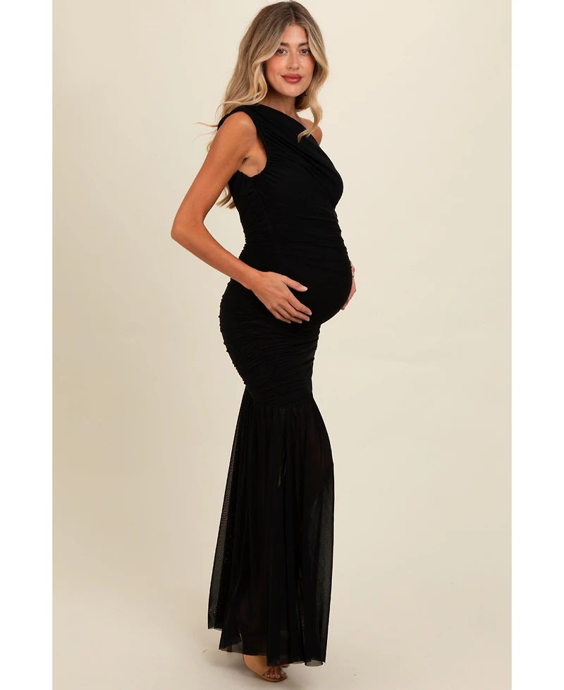 Pinkblush Light Pink Ruched Mesh One Shoulder Maternity Maxi Dress