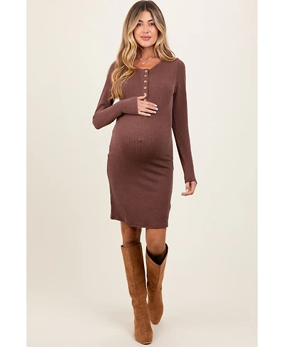 Pinkblush Maternity Brown Ribbed Long Sleeve Half Button Up Fitted Dress