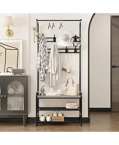 Hall Tree Shoe Bench, 4-in-1 Industrial Entryway Storage Bench with 8 Sturdy Hooks, Freestanding Coat Rack for Small Spaces, Apartments