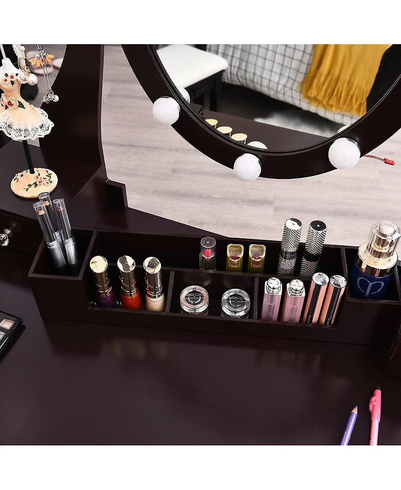 10 Dimmable Lights Vanity Table Set with Lighted Mirror and Cushioned Stool