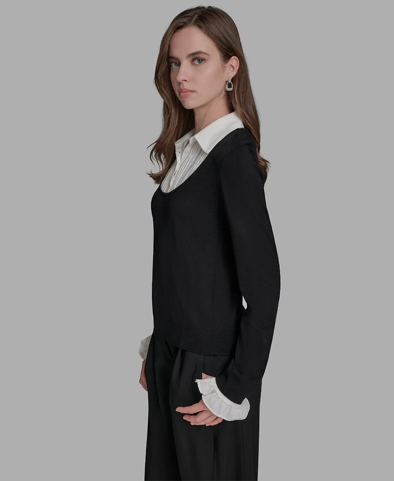 Bcbg Women's Long Sleeve with Embroidered Bib Sweater