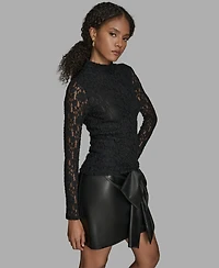 Bcbg Women's Lace Mock Neck Long Sleeve Top
