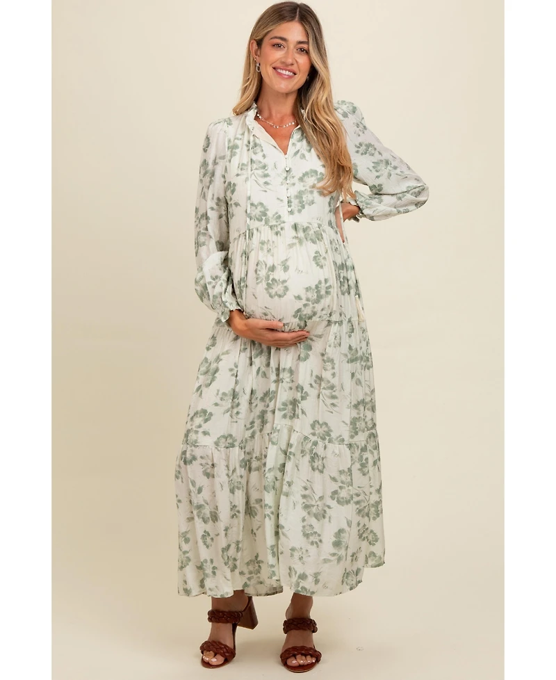 Pinkblush Maternity Olive Floral Button Front Tiered Long Sleeve Maxi Dress