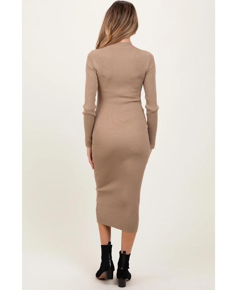 Pinkblush Maternity Light Taupe Mock Neck Fitted Ribbed Knit Midi Dress