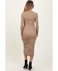Pinkblush Maternity Light Taupe Mock Neck Fitted Ribbed Knit Midi Dress
