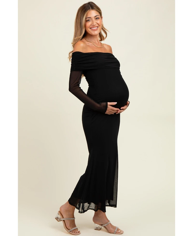 Pinkblush Maternity Black Mesh Overlay Off Shoulder Long Sleeve Midi Dress