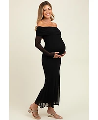 Pinkblush Maternity Black Mesh Overlay Off Shoulder Long Sleeve Midi Dress