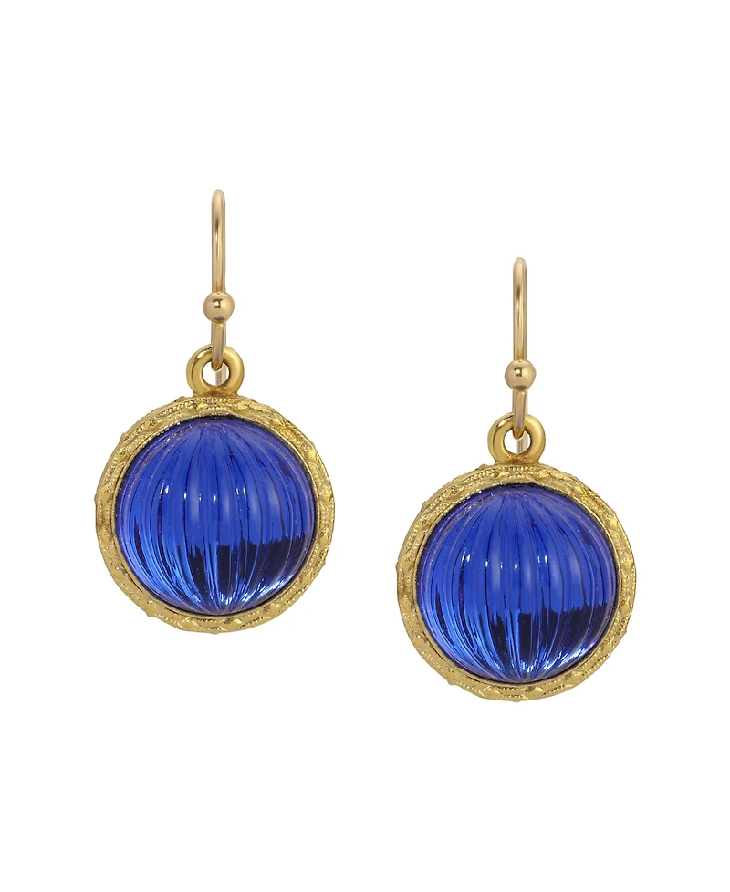 2028 Round Blue Ribbed Stone Wire Earrings