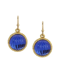 2028 Round Blue Ribbed Stone Wire Earrings
