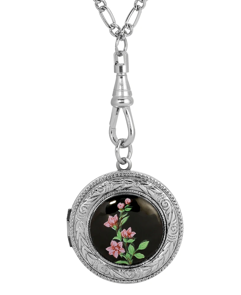 2028 Black Floral Decal Locket Necklace