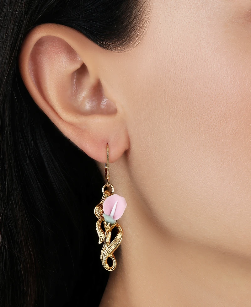 2028 Gold Tone Pink Flower Drop Earrings