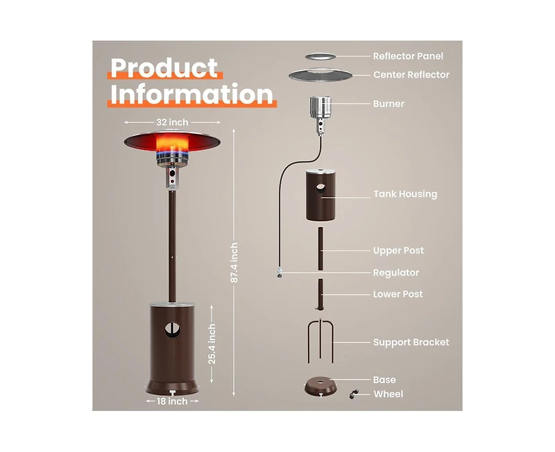 Pamapic 48000 Btu Stainless Steel Propane Standing Patio Heater