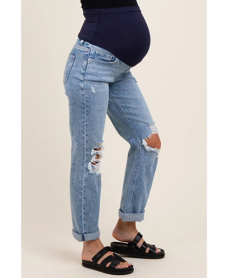 Pinkblush Maternity Light Blue Ripped Knee Rolled Cuff Straight Leg Jeans