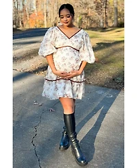 Pinkblush Maternity Cream Floral Deep V-Neck Back Cutout Dress