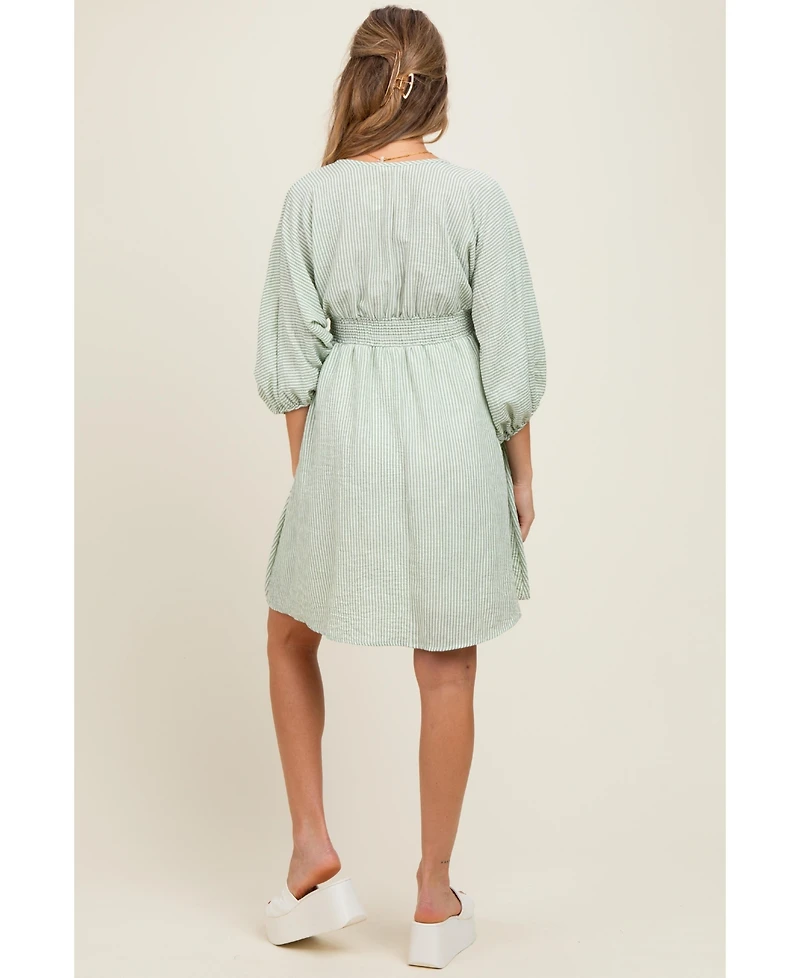 Pinkblush Maternity Sage Striped Balloon Sleeve V-Neck Dress