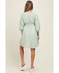 Pinkblush Maternity Sage Striped Balloon Sleeve V-Neck Dress
