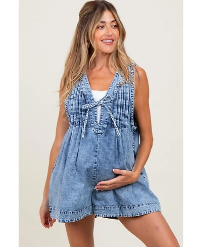 Pinkblush Blue Deep V-Neck Pleated Front Tie Sleeveless Maternity Romper