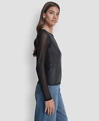 Dkny Jeans Women's Dome Studs Mesh Long Sleeves Slim Fit Top