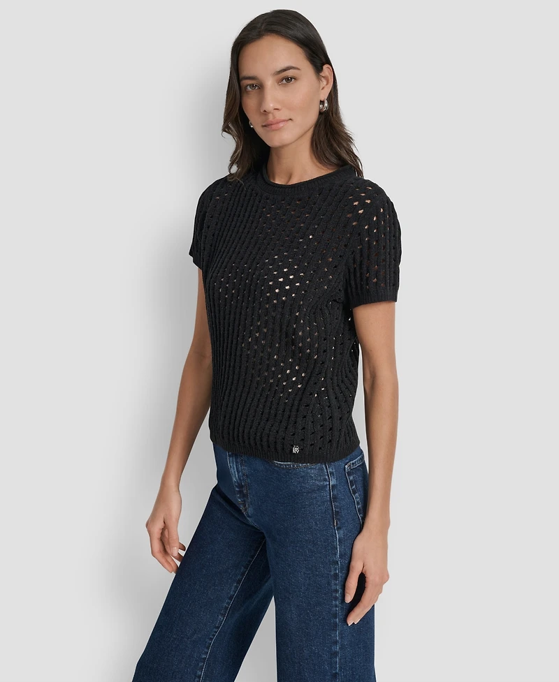 Dkny Jeans Women's Open Stitch Crewneck Short-Sleeve Sweater