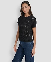 Dkny Jeans Women's Open Stitch Crewneck Short-Sleeve Sweater