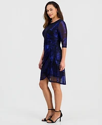 Connected Petite Sparkle Mesh 3/4-Sleeve Sheath Dress