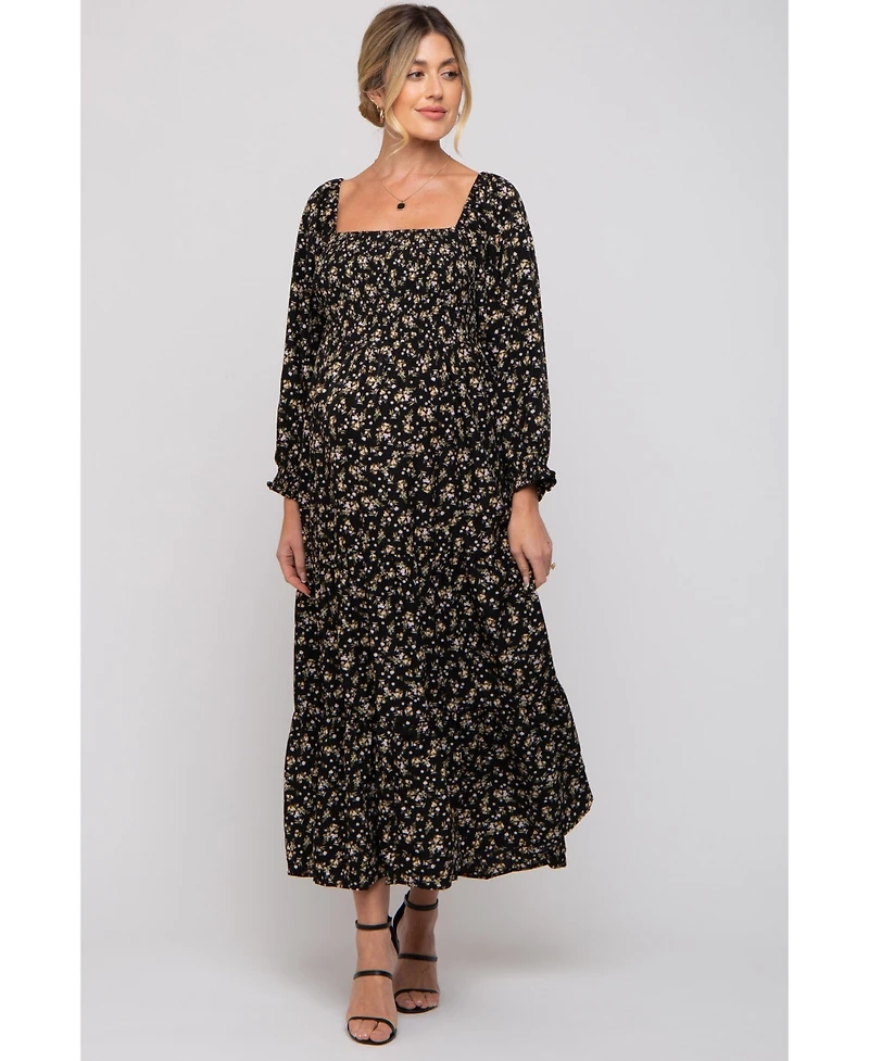 Pinkblush Maternity Cream Floral Smocked Long Sleeve Maxi Dress