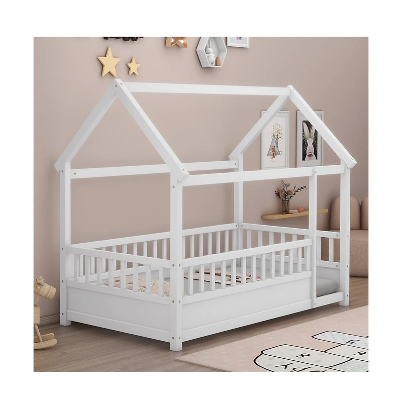 Cesicia Kids Wooden House Floor Bed with Roof & Fence Guardrails Twin Low Profile Play for Boys and Girls