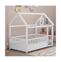 Cesicia Kids Wooden House Floor Bed with Roof & Fence Guardrails Twin Low Profile Play for Boys and Girls