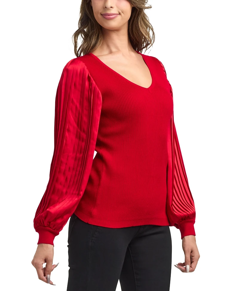 Bcx Women's V-Neck Pleated Sleeve Pull-On Sweater