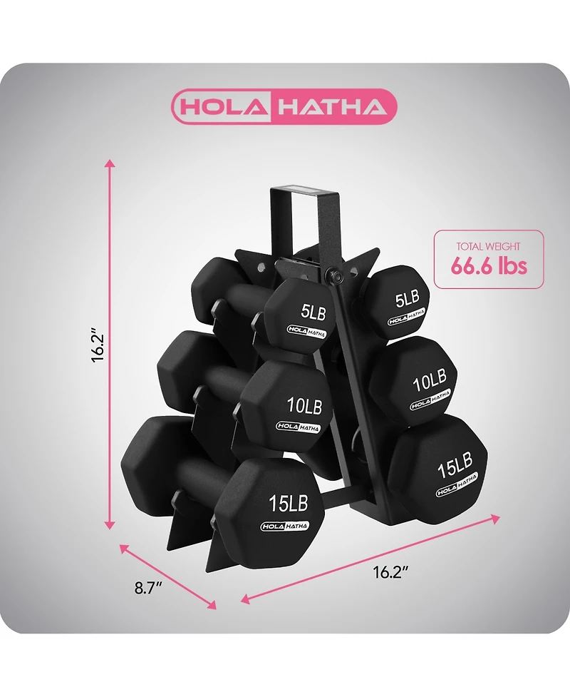 HolaHatha 5, 10, and 15 Pound Neoprene Dumbbell Free Hand Weight Set with Rack