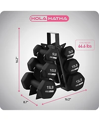 HolaHatha 5, 10, and 15 Pound Neoprene Dumbbell Free Hand Weight Set with Rack