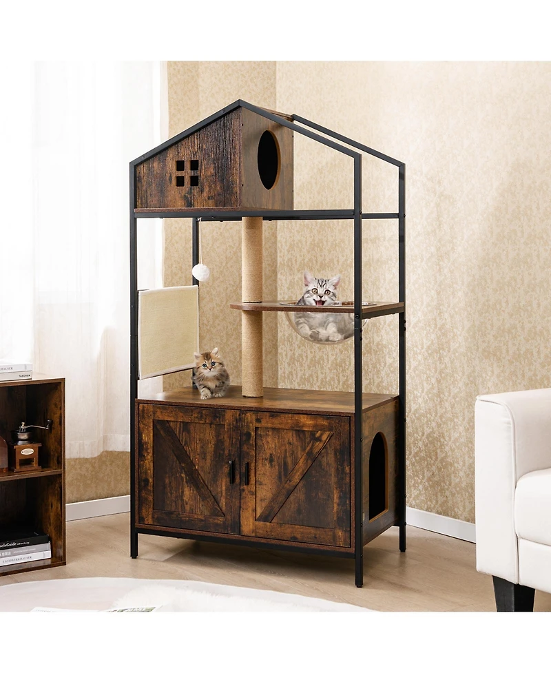 Gymax Cat Tree w/ Litter Box Enclosure w/ Hidden Washroom Scratching Posts & Pad