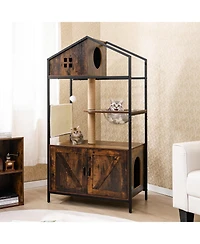Gymax Cat Tree w/ Litter Box Enclosure w/ Hidden Washroom Scratching Posts & Pad